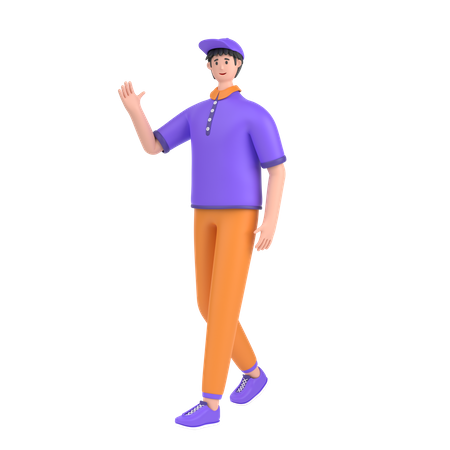 Garçon en pose de marche et en agitant la main, dites bonjour  3D Illustration