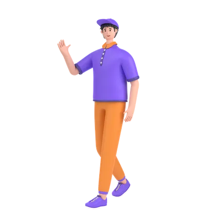 Garçon en pose de marche et en agitant la main, dites bonjour  3D Illustration
