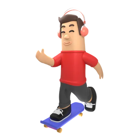 Garçon faisant du skateboard tout en écoutant de la musique  3D Illustration