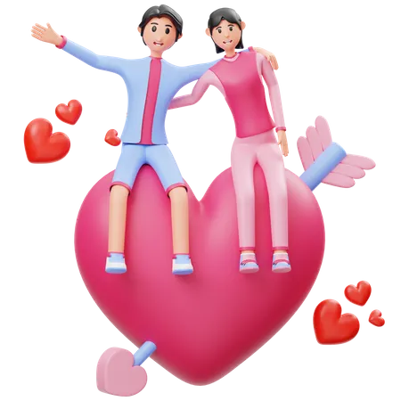 Garçon et fille assis sur le coeur  3D Illustration