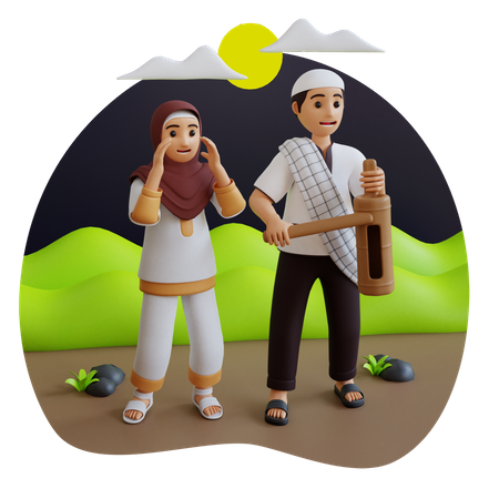 Garçon et fille musulmans faisant Sehri  3D Illustration