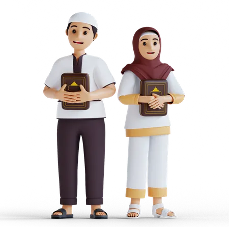 Garçon et fille musulmans lisant le Coran pendant le mois sacré du Ramadan  3D Illustration