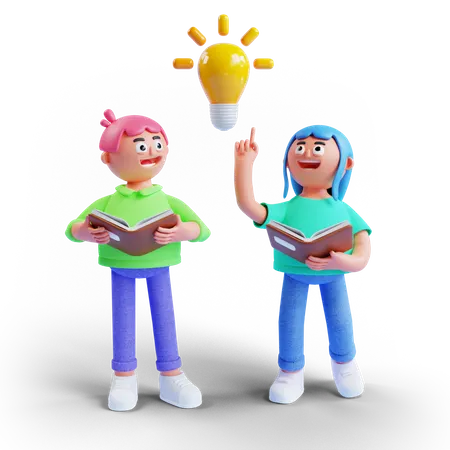 Garçon et fille portant un livre avec une lampe à idée lumineuse  3D Illustration