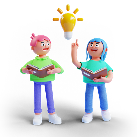 Garçon et fille portant un livre avec une lampe à idée lumineuse  3D Icon