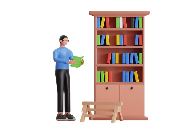 Garçon faisant des recherches en bibliothèque  3D Illustration