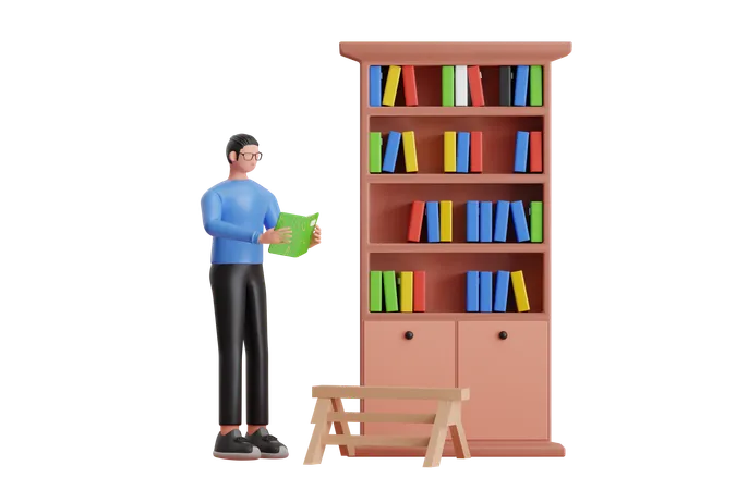 Garçon faisant des recherches en bibliothèque  3D Illustration