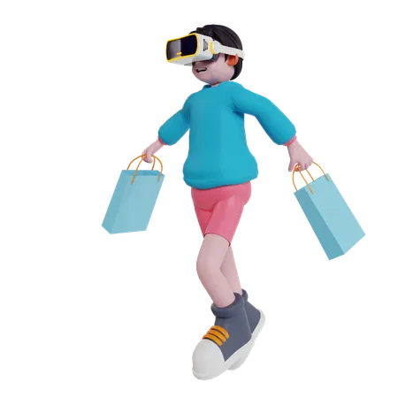 Garçon faisant des achats virtuels à l'aide de lunettes VR  3D Illustration