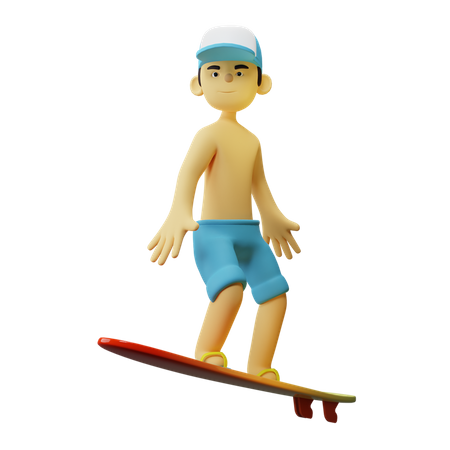 Garçon faisant du surf sur planche de surf  3D Illustration