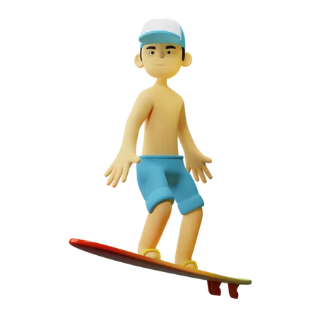 Garçon faisant du surf sur planche de surf  3D Illustration