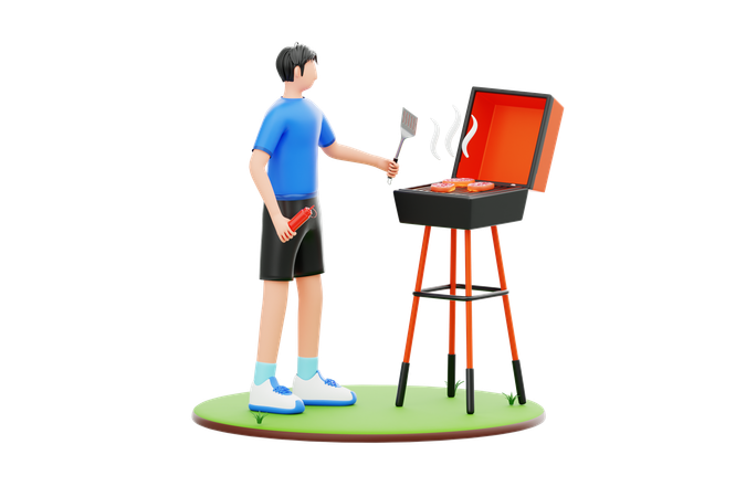 Un garçon fait un barbecue dans son jardin  3D Illustration