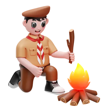 Garçon faisant un feu de joie  3D Illustration