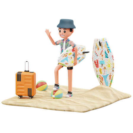 Un garçon tient une planche de surf et dit bonjour  3D Illustration