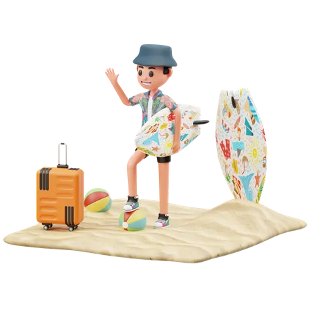 Un garçon tient une planche de surf et dit bonjour  3D Illustration