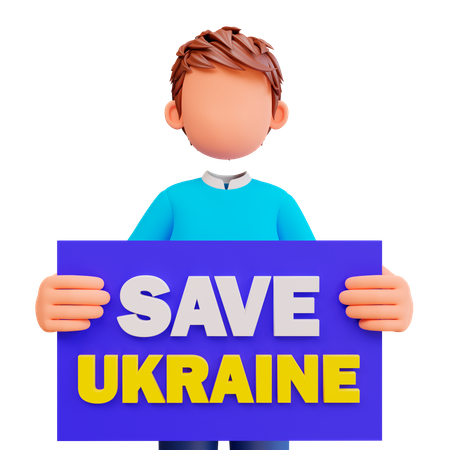 Garçon tenant l’affiche sauver l’Ukraine  3D Illustration