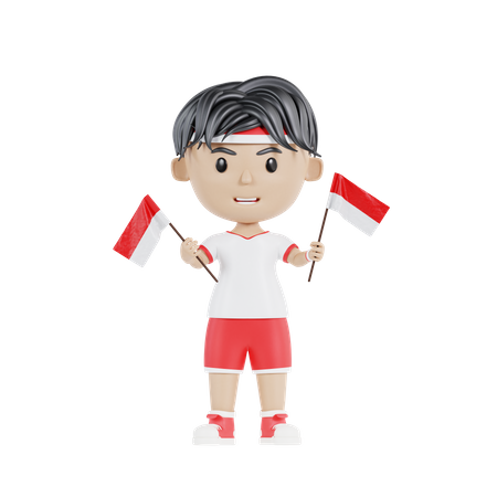 Garçon indonésien tenant le drapeau indonésien  3D Illustration