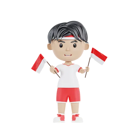 Garçon indonésien tenant le drapeau indonésien  3D Illustration