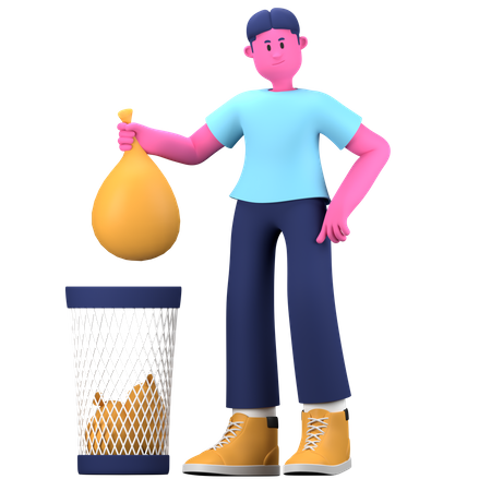 Un garçon jette les poubelles dans une poubelle  3D Illustration