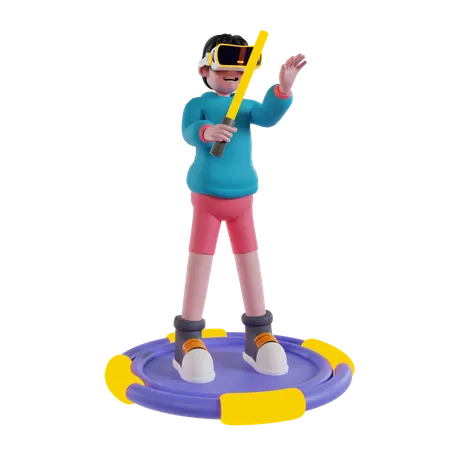 Garçon jouant au jeu d'épée virtuel  3D Illustration