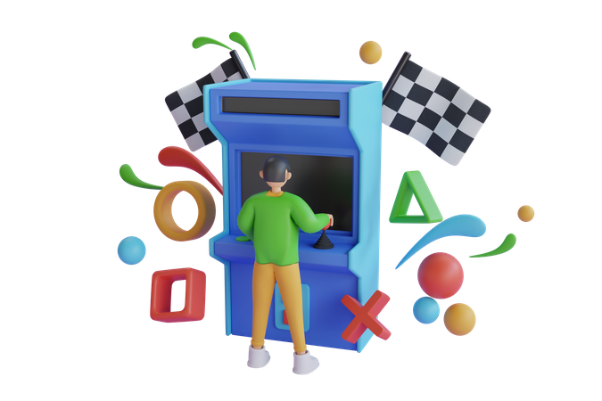 Garçon jouant à un jeu sur Retro Arcade Machine  3D Icon