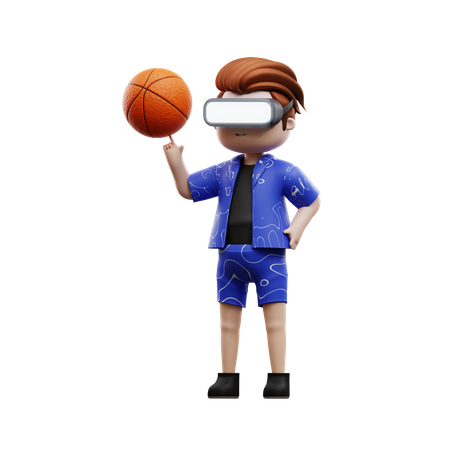 Garçon jouant au basket-ball à l'aide d'un casque VR  3D Illustration