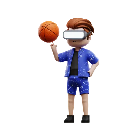 Garçon jouant au basket-ball à l'aide d'un casque VR  3D Illustration