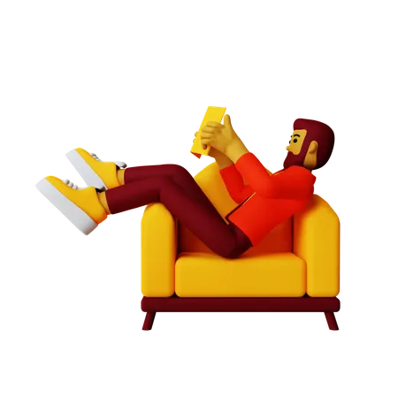 Garçon lisant un livre assis sur un canapé  3D Illustration