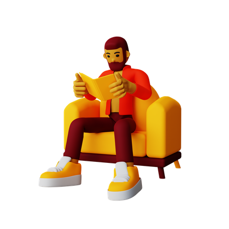 Garçon lisant un livre assis sur un canapé  3D Illustration