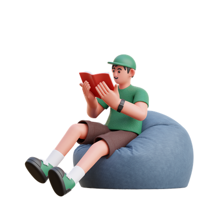 Garçon lisant un livre tout en étant assis sur un pouf  3D Illustration
