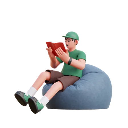 Garçon lisant un livre tout en étant assis sur un pouf  3D Illustration