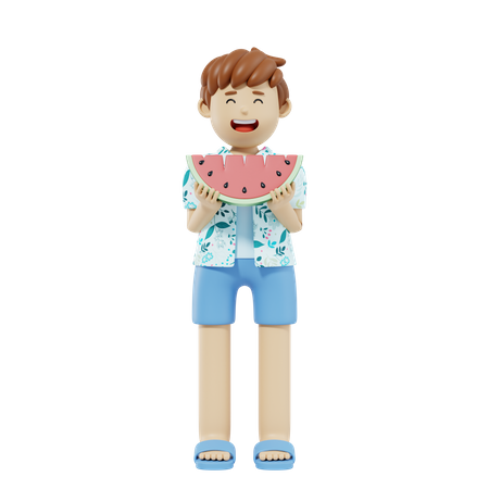 Garçon mangeant de la pastèque  3D Illustration