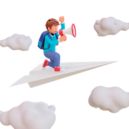 Un garçon mignon s'assoit sur un avion en papier  3D Illustration