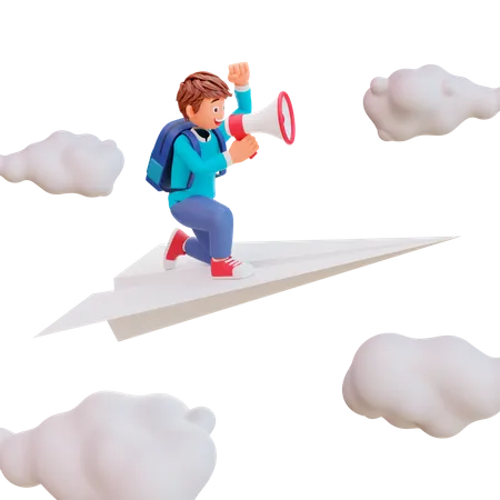 Un garçon mignon s'assoit sur un avion en papier  3D Illustration