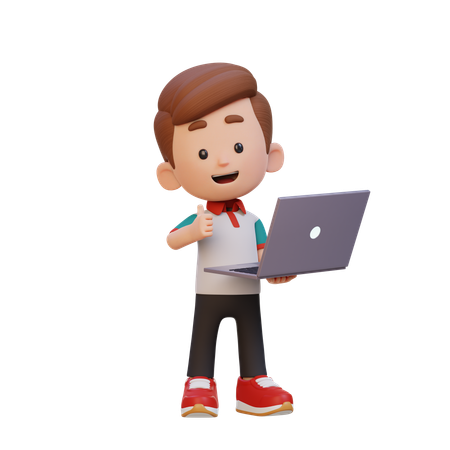 Un garçon mignon montre son pouce levé tout en tenant un ordinateur portable  3D Icon