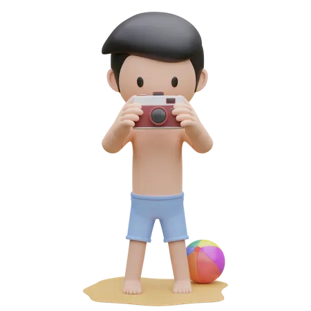 Garçon mignon prenant une photo sur la plage en été  3D Illustration