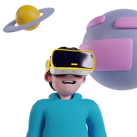 Garçon portant des lunettes VR et explorant l'univers  3D Illustration