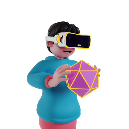 Garçon portant des lunettes VR et résolvant un puzzle virtuel  3D Illustration