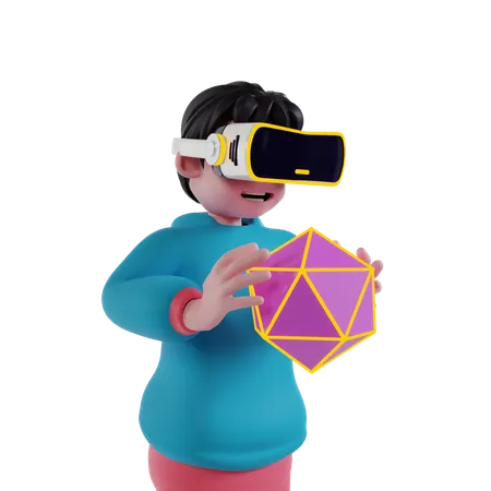 Garçon portant des lunettes VR et résolvant un puzzle virtuel  3D Illustration