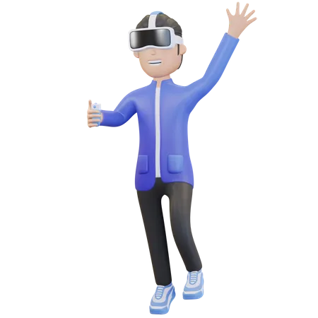 Garçon portant un casque de réalité virtuelle et agitant la main  3D Illustration
