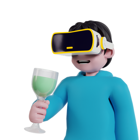 Garçon buvant un verre dans le méta-monde utilisant la technologie VR  3D Illustration