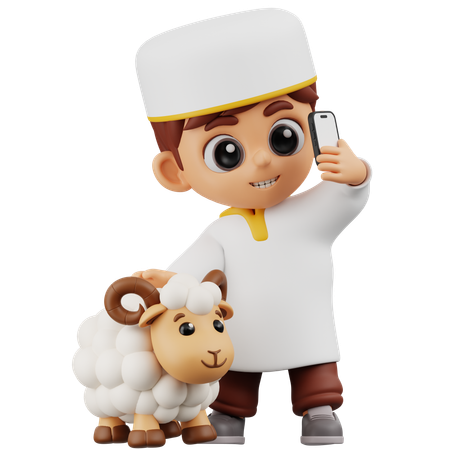 Un garçon prend une photo avec des moutons  3D Illustration