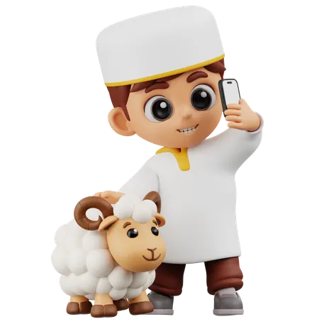 Un garçon prend une photo avec des moutons  3D Illustration