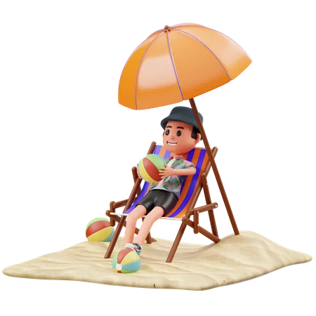 Garçon se détendant à la plage et tenant un ballon de plage  3D Illustration