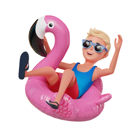 Garçon sur flamant rose gonflable  3D Illustration