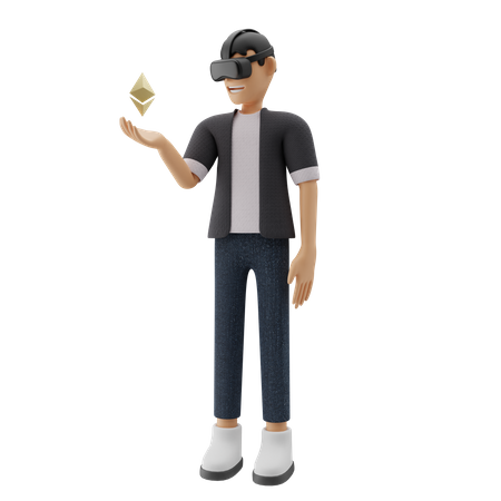 Garçon tenant Ethereum utilisant la technologie VR  3D Icon