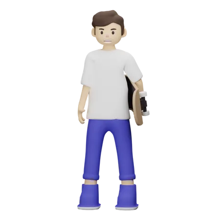 Garçon tenant une planche à roulettes  3D Illustration