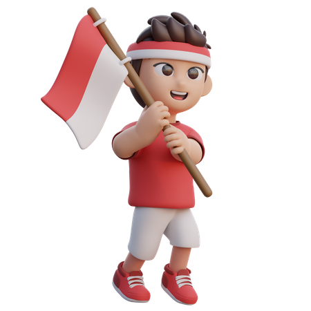 Garçon tenant le drapeau indonésien  3D Illustration