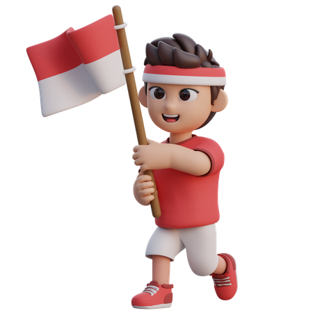 Garçon tenant le drapeau indonésien  3D Illustration
