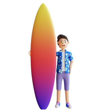 Garçon tenant une planche de surf  3D Illustration