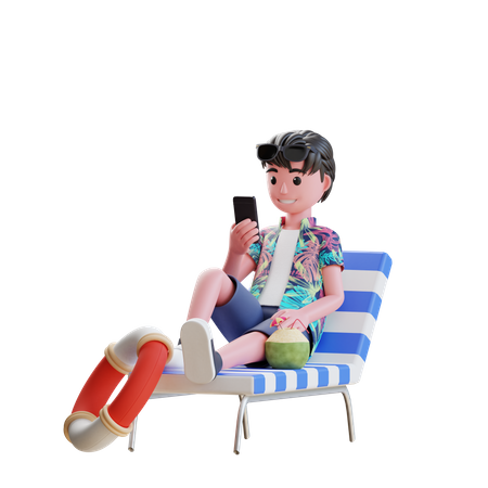 Garçon utilisant un mobile alors qu'il était assis sur une chaise de plage  3D Illustration