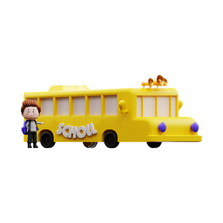 Garçon allant à l'école en bus  3D Illustration